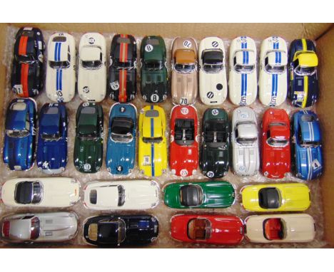 TWENTY-EIGHT 1/43 SCALE DIECAST MODEL JAGUAR E-TYPE CARS  road and racing, each mint or near mint, all unboxed.