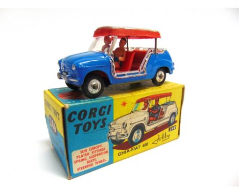 A CORGI NO.240, GHIA-FIAT 600 JOLLY  mid blue with a red and silver canopy, spun aluminium hubs, complete with driver and pas