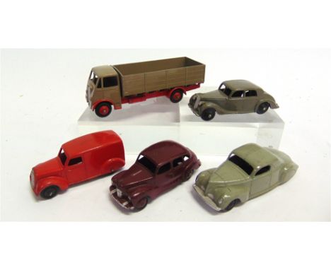 FIVE DINKY DIECAST MODEL VEHICLES  circa late 1940s-1950s, including a No.511, Guy 4-Ton Lorry, first type cab, fawn with a r