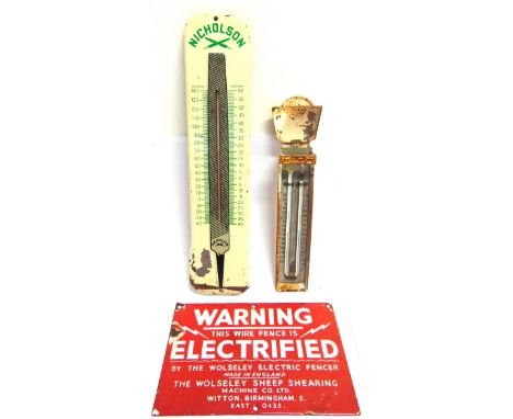 A NICHOLSON FILES PROMOTIONAL PRINTED ALUMINIUM THERMOMETER  with green lettering against a cream ground, with central tube w