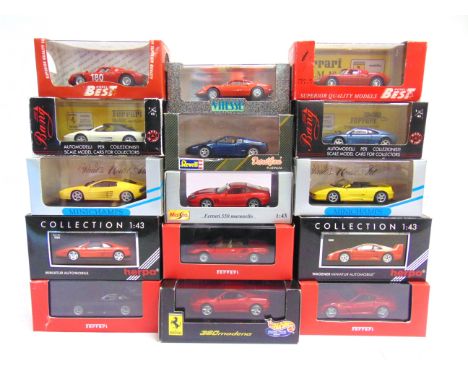 FIFTEEN ASSORTED 1/43 SCALE DIECAST &amp; OTHER MODEL FERRARI CARS  road and racing, most mint or near mint (two lacking a wi