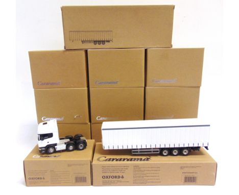 TEN 1/50 SCALE CARARAMA (OXFORD DIECAST) SCANIA CAB UNITS  together with two curtainside trailers, all plain white, each mint