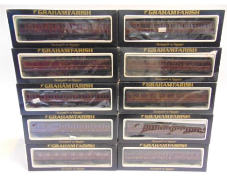 [OO GAUGE]. TEN GRAHAM FARISH L.M.S. COACHES  comprising five first/third composite and five brake-end, all in lined maroon l