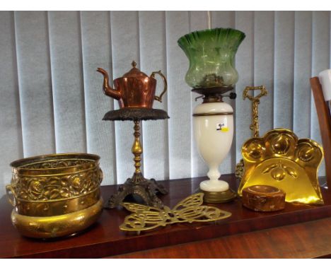 A Victorian oil lamp with funnel and green glass diffuser and a quantity of period copper and brassware (qty)