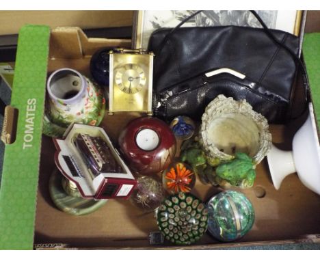 A mixed lot to include a carriage clock, paperweights, jardiniere, Days Gone diecast figure and other