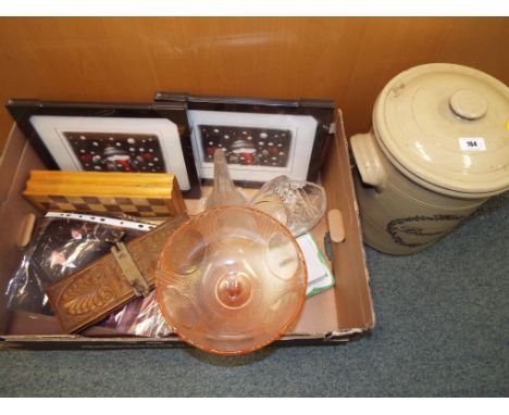A good mixed lot to include a large lidded stoneware bread bin, a wooden chess set, a pair os Snowman signed prints 'Let It S