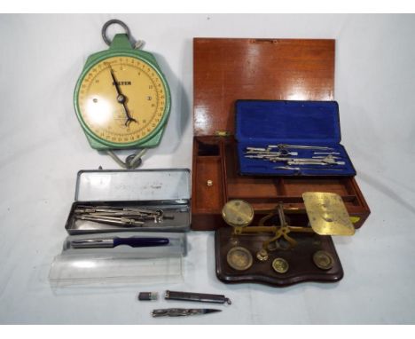 A good quality writing box, a Hartleys drawing set, a fountain pen by Parker, boxed, a white metal container with slide-out s