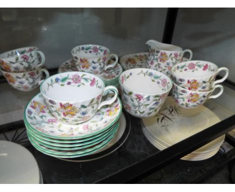 A Minton tea service decorated in the Haddon Hall pattern, six place setting, 19 pieces in total