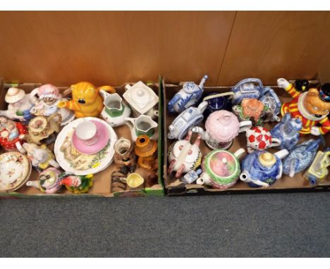 2 boxes of ceramic novelty teapots and other ceramics.