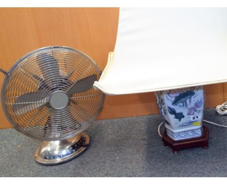 A chrome desk fan model No. FT30-32 and an Oriental ceramic table lamp (2)