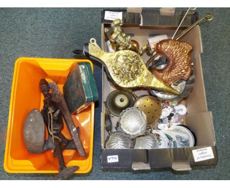 A good mixed lot to include a selection of old tools including boxed socket set by Kamasa tools, a selection of brassware to 