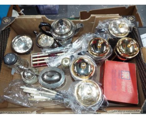 A good mixed lot to include a collection of plated ware, plated flatware, cafetieres, a Trident viewer by Pattison and other