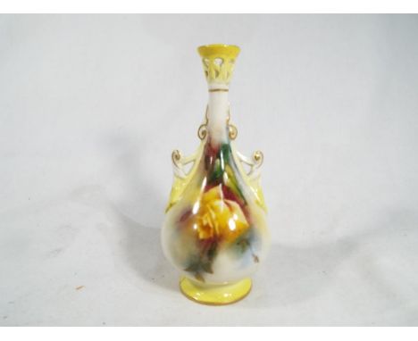 Royal Worcester - a miniature twin-handled vase hand painted with roses, the base marked Hadley Ware, 11.5 cm (high) - Est £4