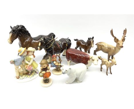 A group of figures, to include a Beswick model of a Cantering Shire Horse model no 975, Beswick foal, Beswick Herford Bull CH