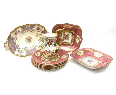 A late 19th century Coalport dessert dish, hand painted with floral sprays within lilac panels, and heightened with gilt thro