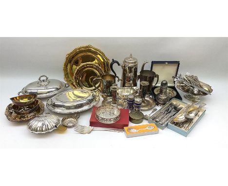 A group of mostly silver plate, to include two Walker &amp; Hall entr�e dishes, two chamber sticks, tankards, sauce boat, sif
