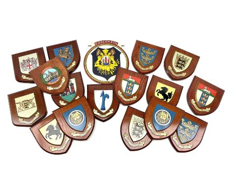 Various European cities and states, wooden heraldic shields each with hand painted raised shield including Baden Wurttemberg,