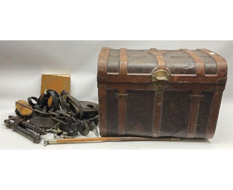 Metal trunk H46cm L62cm, alongside riding whip with dog topper, the book of the horse, rutters horse twitch, a selection of h