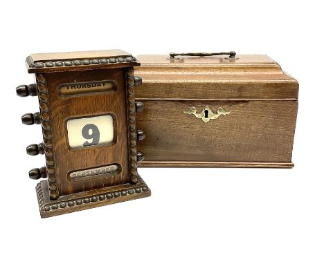 A small Victorian oak cased perpetual calendar with beaded and barley twist detail H16cm, together with a Georgian mahogany t