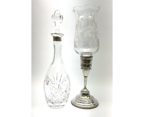 A clear glass silver mounted decanter, of baluster form, the silver collar with engraved dedication, hallmarked Dix Jewellery