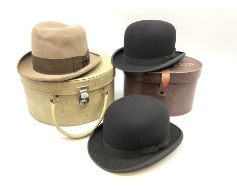Grey homburg hat  C A Dunn &amp; Co bowler hat, Christy's London,  bowler hat R W Forsyth, Antler hat box with handle, L32, D