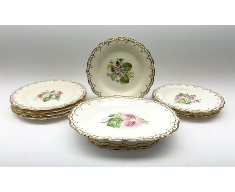 A 19th century part dessert service, comprising eight plates and one tazza, hand painted with botanical studies and a gilded 