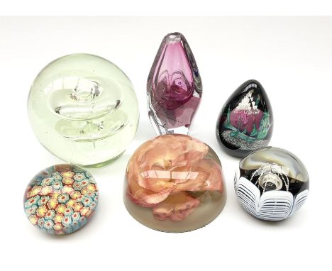 Collection of paperweights, including two Caithness glass paperweights, one with a thistle design H12cm, large glass paperwei