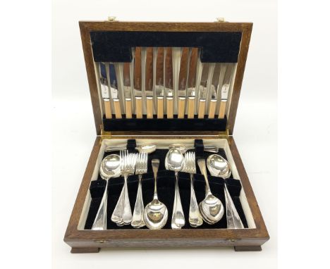 An oak cased silver plated canteen of cutlery for six, (stainless steel bladed knives).