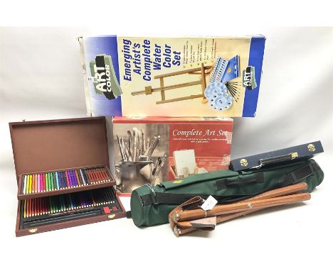 Daler-Rowney artists easel in carry bag, stool, various paints, pencils and other similar items 