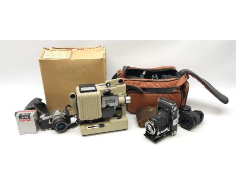 A cased Pentax ME Super camera, together with additional Pentax lens, further lens and other accessories, plus a Zeiss Ikon f