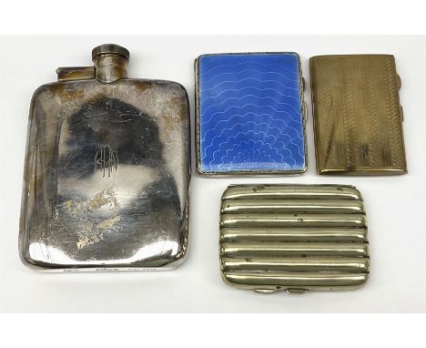 A silver plated hip flash, H14cm, together with a guilloche enamel and silver plated cigarette case, a silk plated cigar case