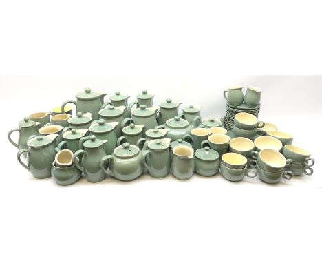 Denby Manor Green pattern tea service, comprising of three teapots, twelve coffee pots of various sizes, four hot water jugs 