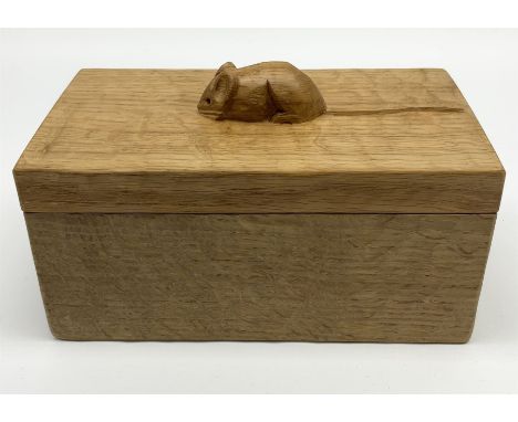 'Mouseman' adzed light oak trinket box with cover, carved mouse signature, by Robert Thompson of Kilburn