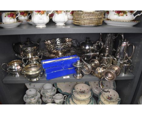 A selection of silver plated serving wares including dishes and tea service