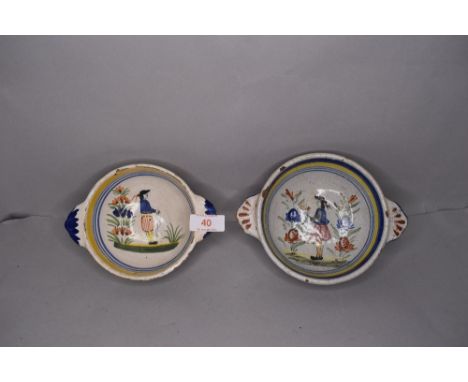 Two porringer bowls in French delft by Henriot Quimper