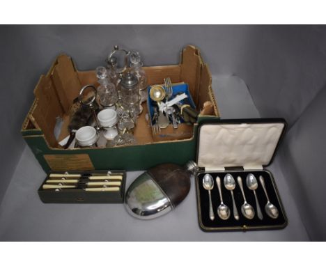 A selection of silver plated items including a Victorian hip flask, eggery, cased and loose flatware etc