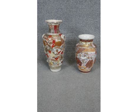 Two early 20th century Japanese Satsuma ware hand painted ceramic vases. Decorated with figurative scenes. H40cm 