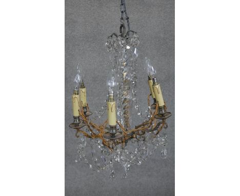 A vintage brass and blown twisted glass six branch chandelier with crystal drops and swags. H.67cm 