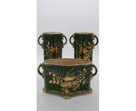 A pair of green ceramic vintage twin handled vases with gilded foliate and song bird design along with a matching planter. Im