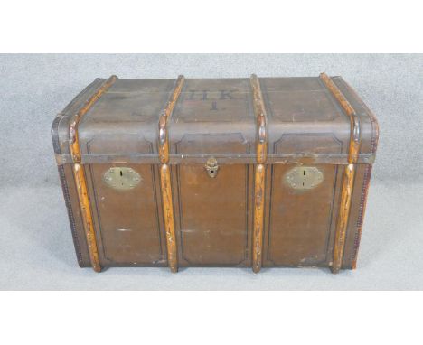 A 19th century metal and oak bound canvas travelling trunk. H.60 x W.100 x D.58cm 