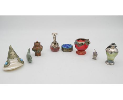 A collection of items. Including three silver wrapped miniature glass vases, a carved hardstone fish, a white metal and ameth