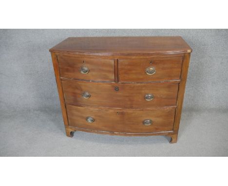 A 19th century mahogany bow fronted chest on shaped bracket feet. h87 w107 d54 