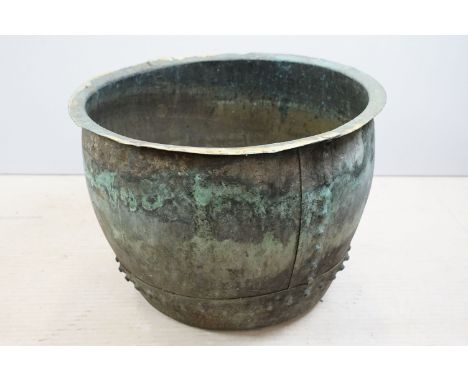 Copper studded log basket / planter, 35cm high x 50cm wide 