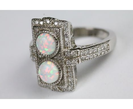 Silver CZ and opal paneled dress ring 
