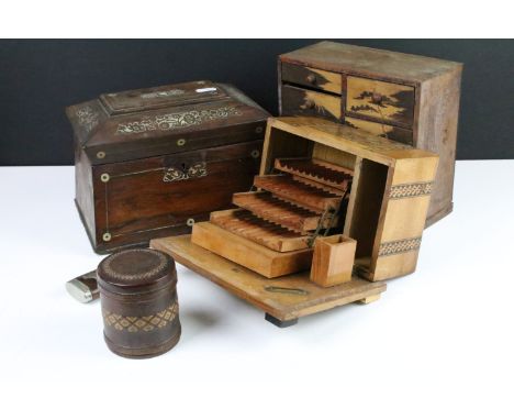 Group of vintage boxes to include a small Oriental chest of drawers with inlaid decoration (approx 19.5cm high), 19th century