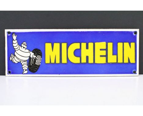 Michelin Man Enamel Sign with Mr Bidendum running with a tyre, 30.5cm x 11cm 