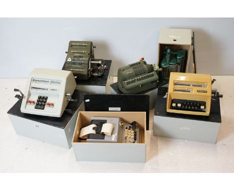 Collection of six vintage mechanical calculators to include Walther WSR 160, Triumphator CRN2, Facit CM2-16, Brunsviga 13RK, 