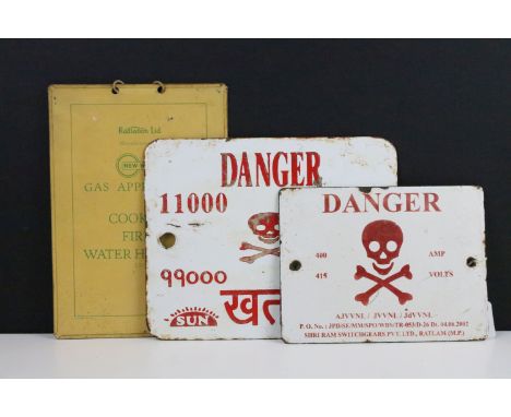 Two enamel 'Danger' wall signs with red lettering on white ground, together with a Gas Appliances metal wall sign (approx 25c