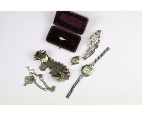 Art deco 18ct gold and platinum crossover ring (marked 18ct  and plat to band) together with a Herald cocktail watch, Falcon 