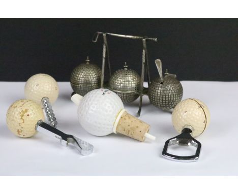 Group of vintage golfing items to include a silver plated cruet set in the form of golf balls in a club design stand and a se